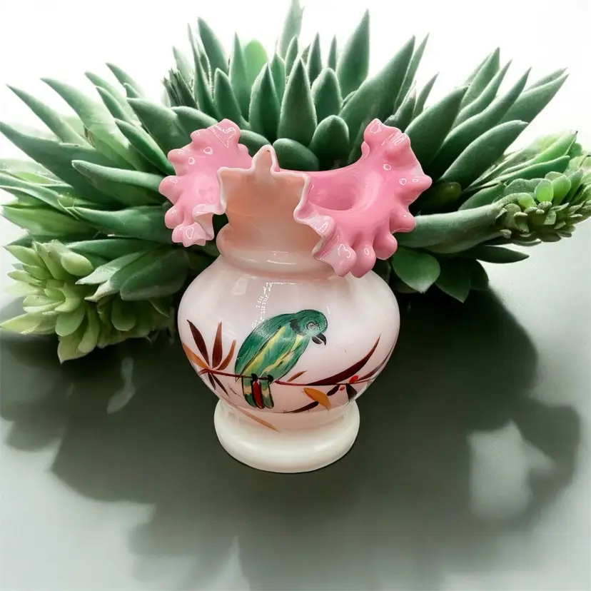 Pink Opaline Blown Glass Ruffle Top Vase Hand Painted Green Parrot
