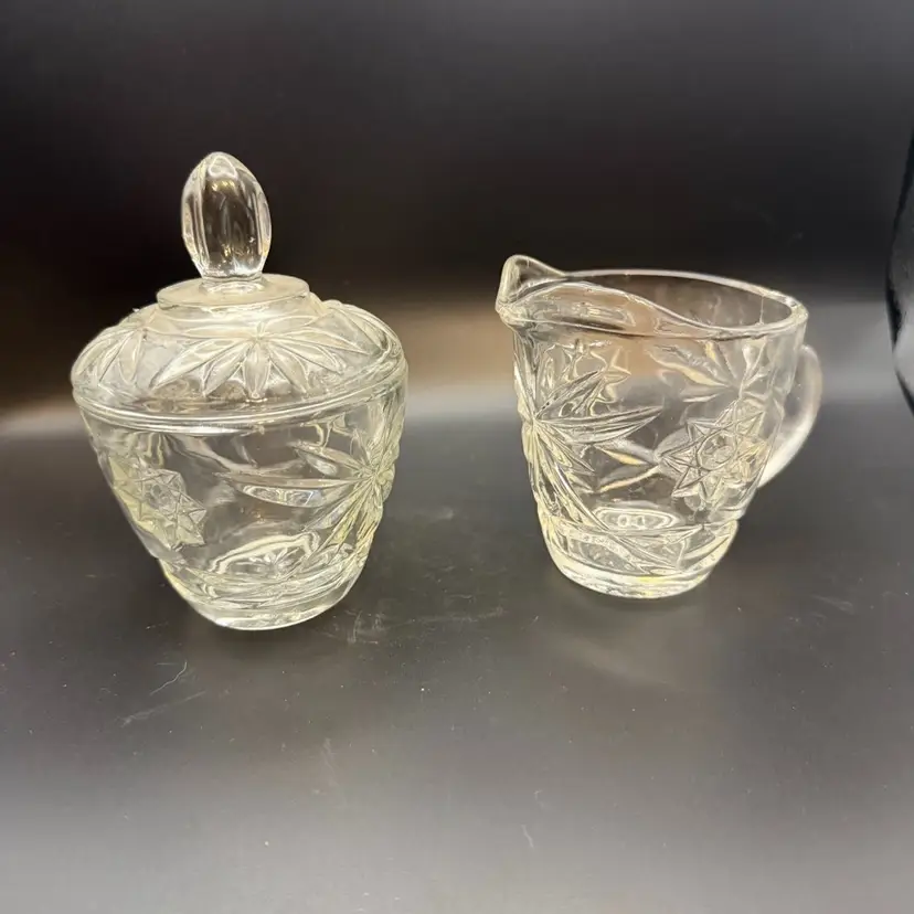 Vintage Anchor Hocking Early American Pressed Glass Star of David Creamer and Sugar Bowl SET