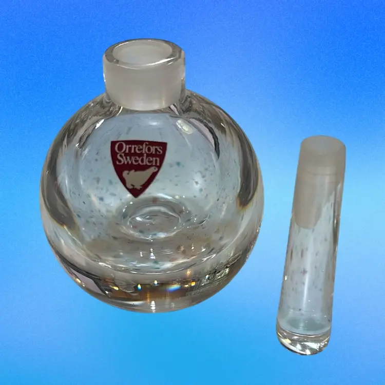 Orrefors Swedish Perfume Bottle Clear Crystal Glass With Stopper. Note Tiny Scratch On Bottom In Picture 4 1/4” Tall