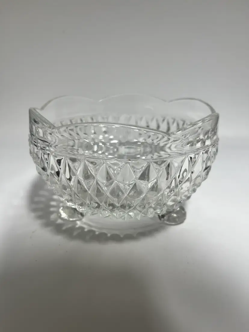 Kings Crown/Diamond Point - Three-Toed Bon Bon- By Indiana Glass-Candy/nut Dish- Scalloped Rim- 5” Wide, 3” Tall