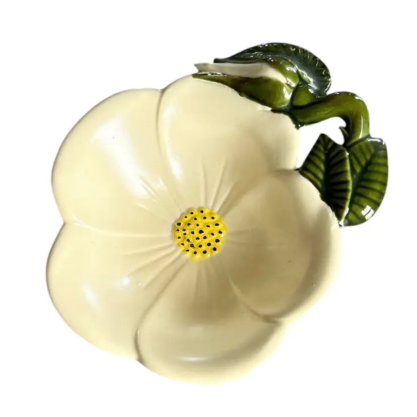 Hand Painted Ceramic Yellow and Green Morning Glory Trinket Dish