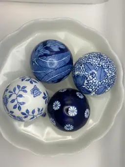 Set of Four Cobalt, White, Blue Chinoiserie Decorative Porcelain Balls 3” Sphere