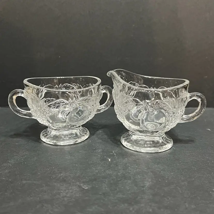 MARKDOWN! Westmoreland Clear Glass Della Robbia Creamer & Open Sugar, Creamer ~3” x 4” x 3”, Sugar ~2.5” x 4” x 3.25”
