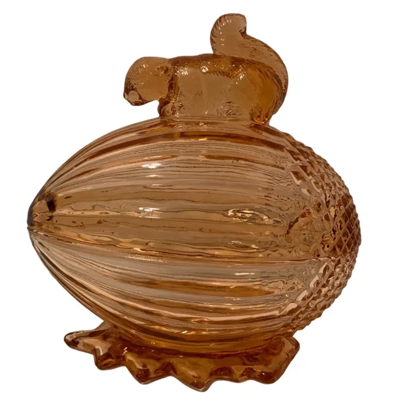 RARE Mosser Glass Peach Orange Squirrel On Acorn Lidded Jar Candy Box