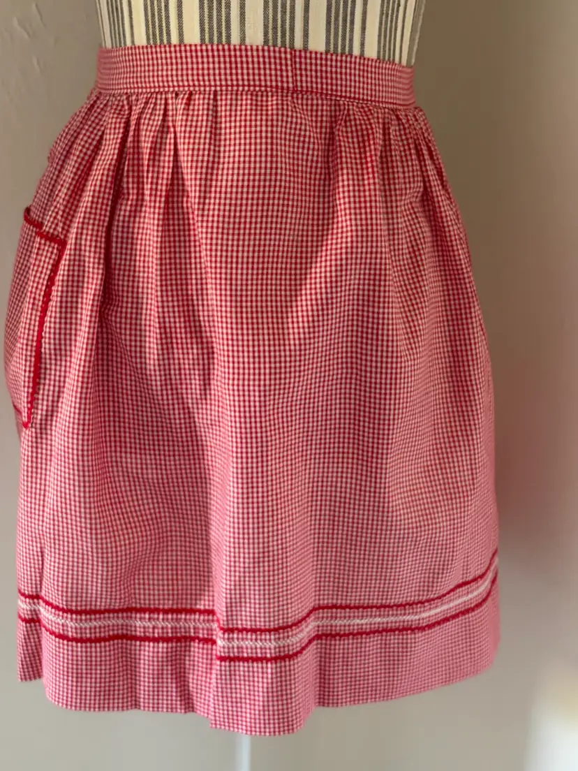 Vintage Red Gingham Apron with Rick Rack Detailed Pocket Embroidered 55" x 17"