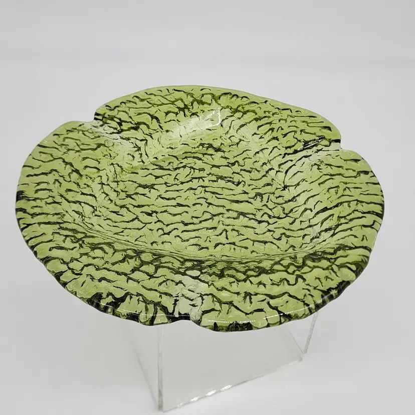 Green Textured Glass Ashtray Dish Low Base Abstract Round Design VTG