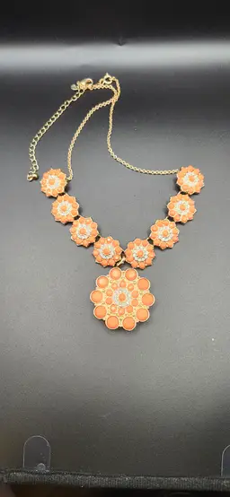 #01 Retro Orange Floral Statement Necklace and Brooch - NOS