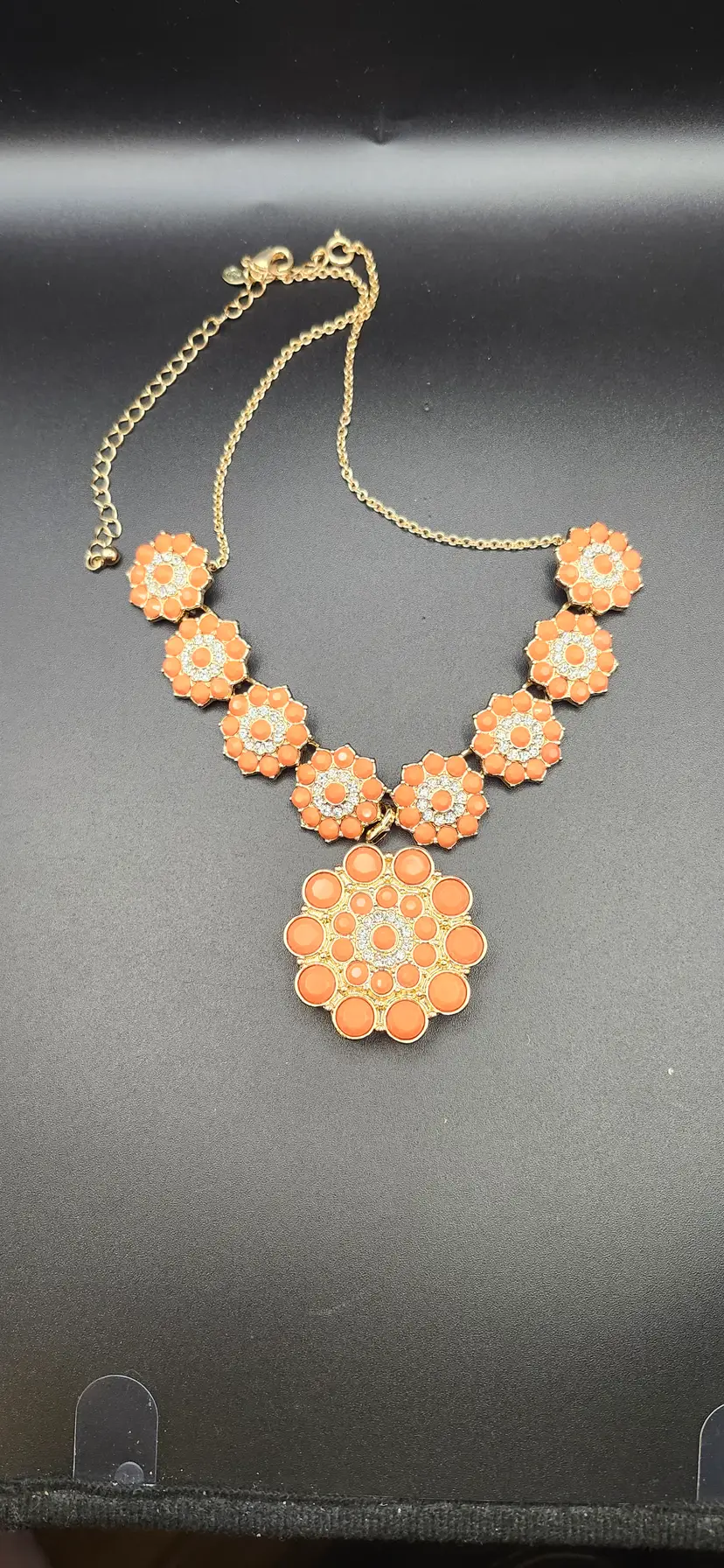 #01 Retro Orange Floral Statement Necklace and Brooch - NOS