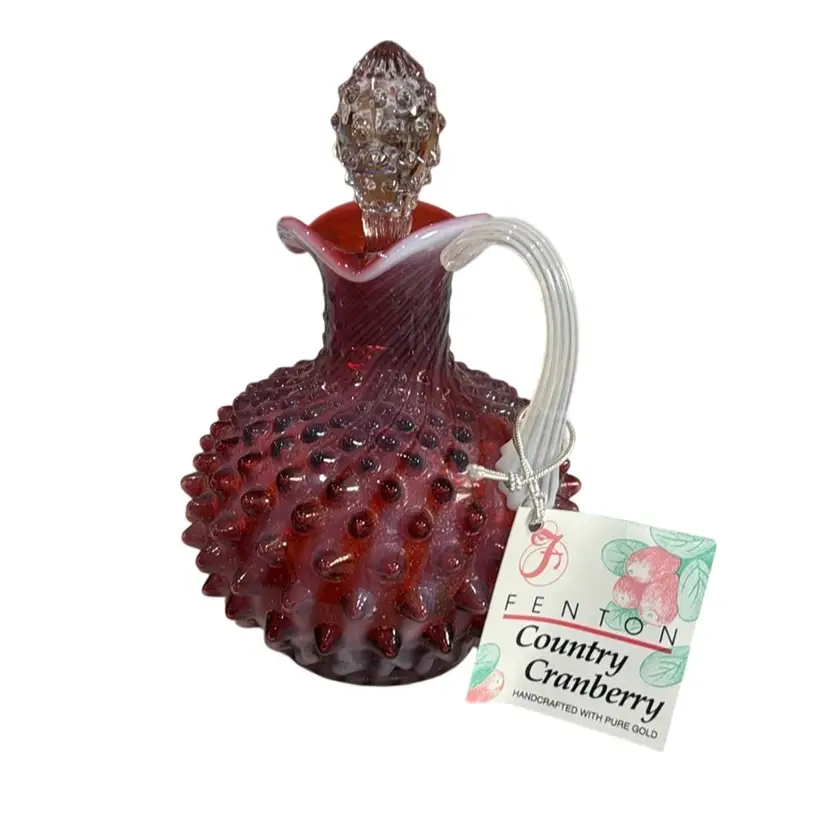 Country Cranberry RARE Made With Pure Gold Speckle Hobnail Optic Swirl Opalescent White Ribbed Handle Cruet Pitcher - 7”