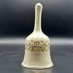 Vintage Glazed Porcelain Pierced Heart Gold Trim Bell 6”