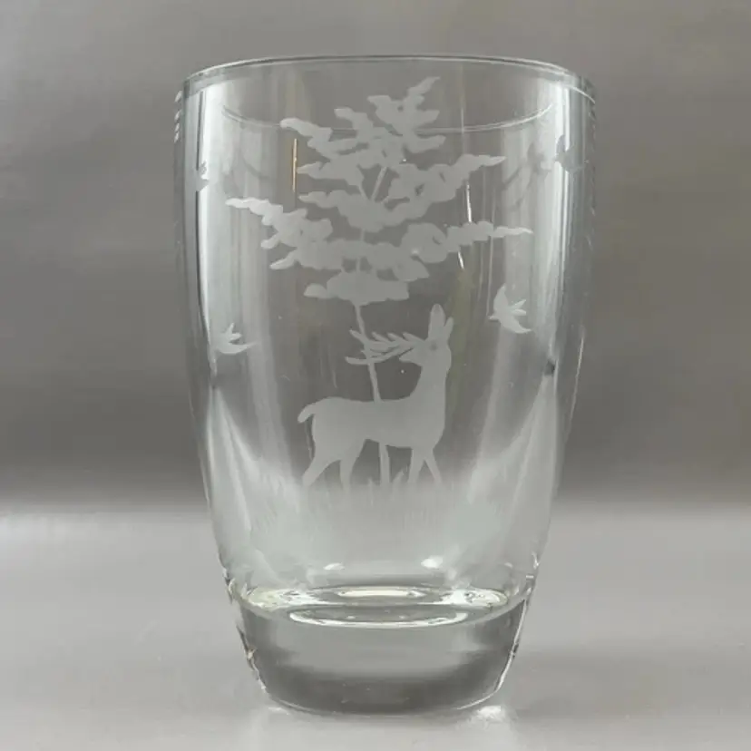 Signed FAW Johansson Orrefors 5.25" Crystal Vase 1135 Etched Deer In Wood Mid-Century Scandinavian Sweden Hunting