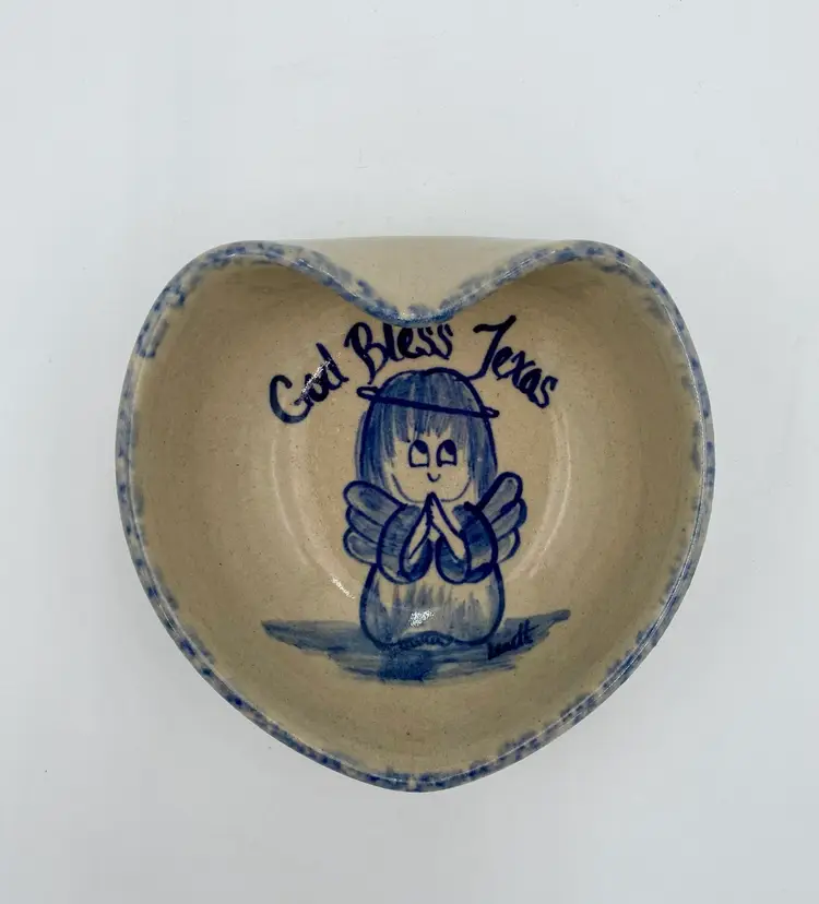 Vintage Yesteryears Pottery (Marshall, TX) Heart Bowl with Angel "God Bless Texas"