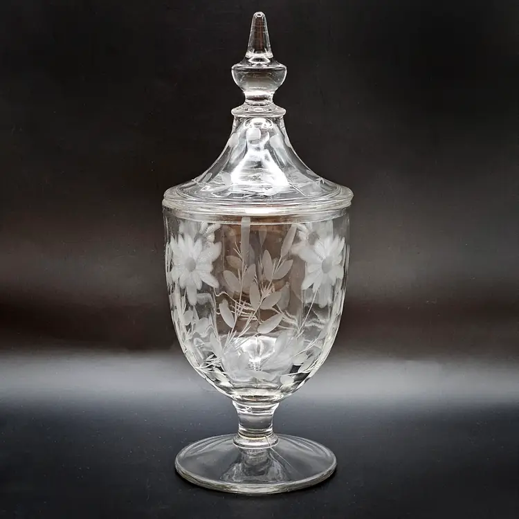 Antique Heisey Daisy Flowers Etched Covered Pedestal Candy Jar Compote