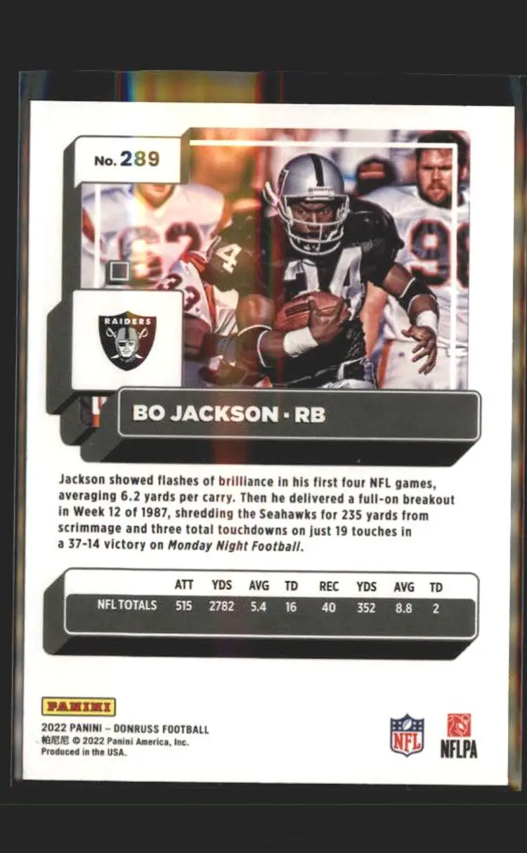 2022 Donruss #289 Bo Jackson Blue Press Proof - (139) - Los Angeles Raiders
