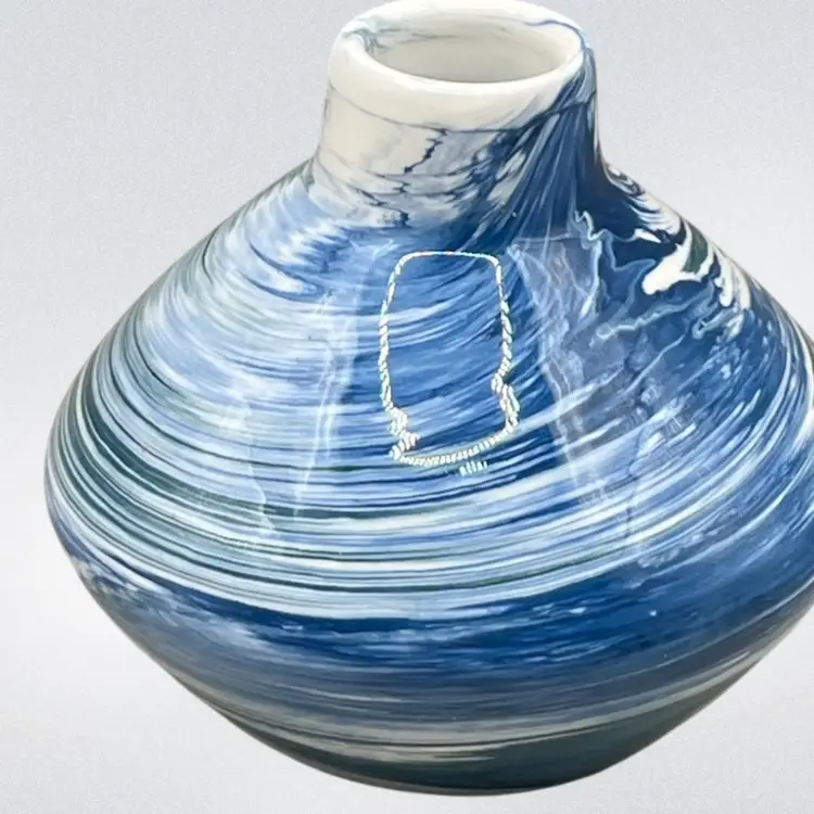 Small Pottery Bud Vase With Blue And Green Swirls 4”