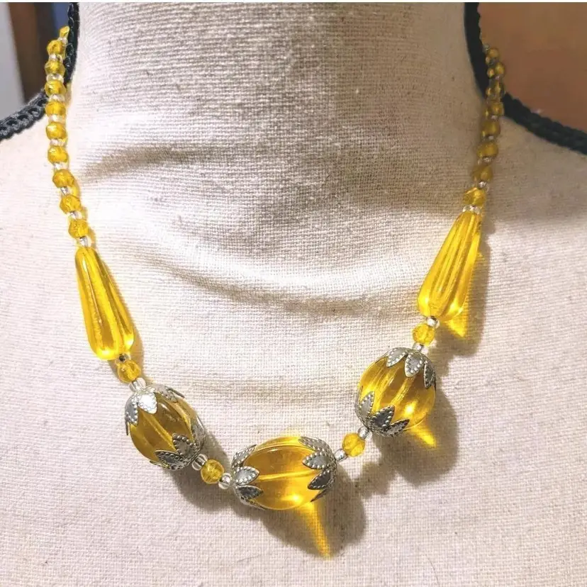 Estate Ornate Czech Art Deco Yellow Glass Beaded Vintage Necklace