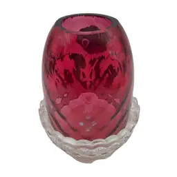 Fenton Cranberry Opalescent Diamond Optic Hand Painted Fairy Lamp, 5” Tall