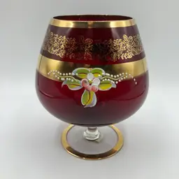 Vintage KREISS Japan Ruby Glass Brandy Snifter Enameled Flowers Gold Gilt 6" H