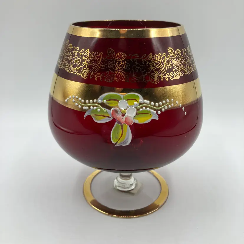 Vintage KREISS Japan Ruby Glass Brandy Snifter Enameled Flowers Gold Gilt 6" H
