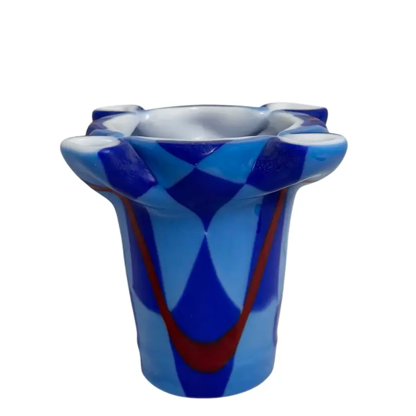 Modern Fused Art Glass Vase Light blue/Cobalt Blue With Red Accents
5” T x 5-3/4” W