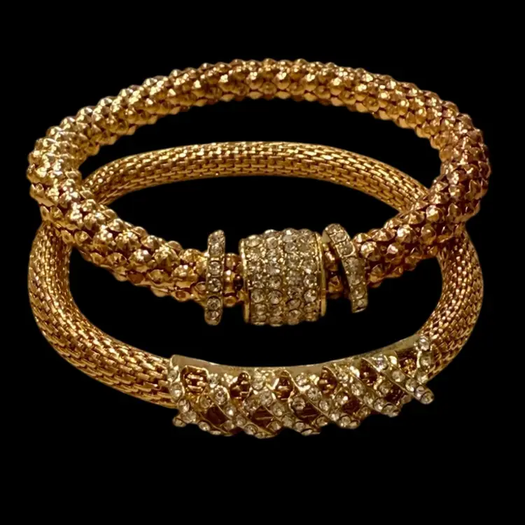 Lot Of (2) GoldTone Mesh Stretch Metal Festive Rhinestone Holiday Bracelets