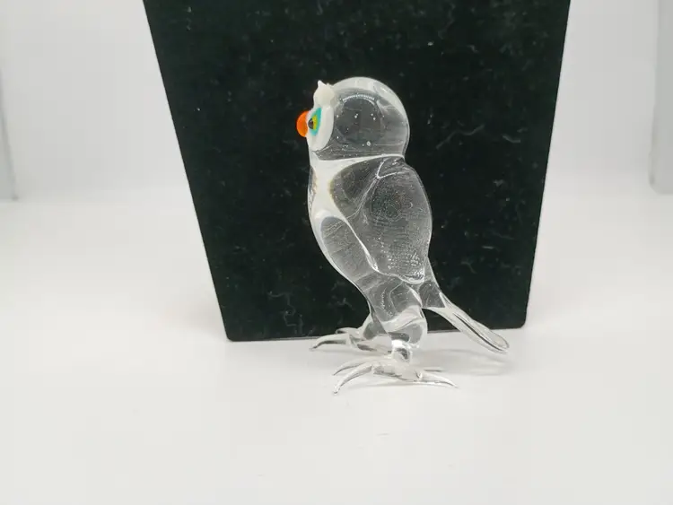 Murano Lampwork Art Glass Miniature Blown Glass Owl Clear and White 3.75"