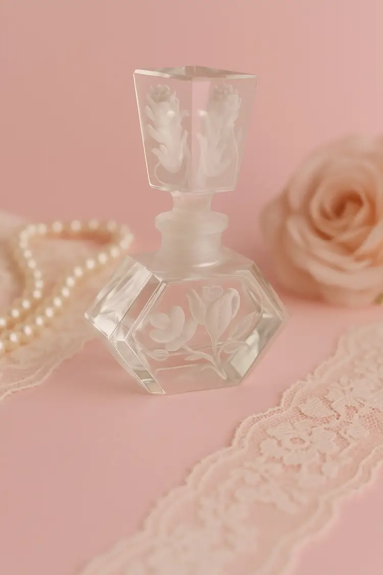 Vintage Czech Crystal Perfume Bottle – Frosted Floral Etched Design