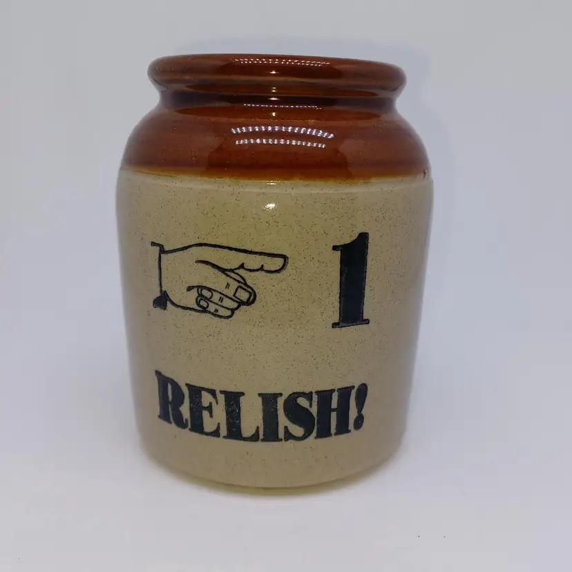 Vintage Moira Relish Crock Stoneware Jar Utensil Holder Retro Graphics Made In England Farmhouse Kitchen Decor