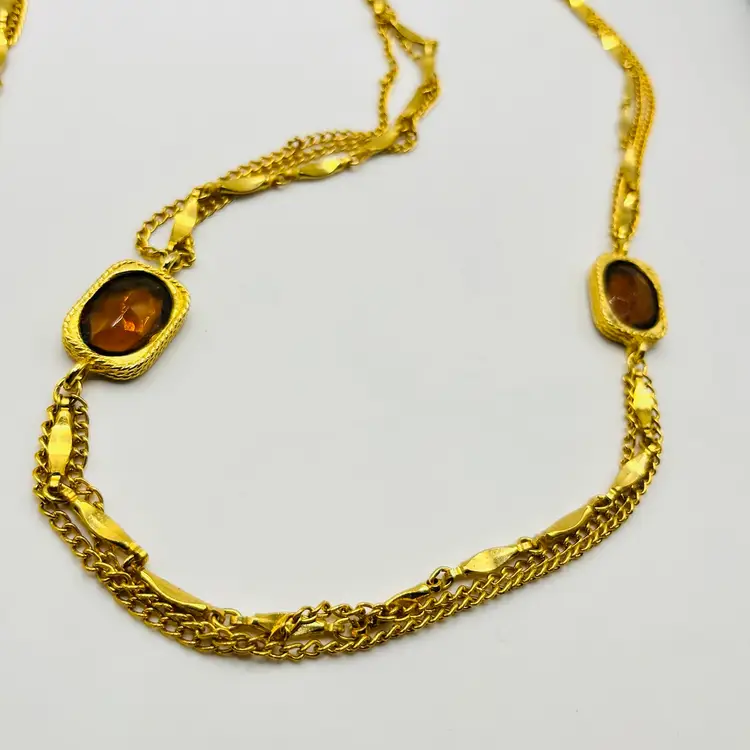 Vintage Sarah Coventry “Golden Embers” Faceted Topaz Hued Glass Station Necklace