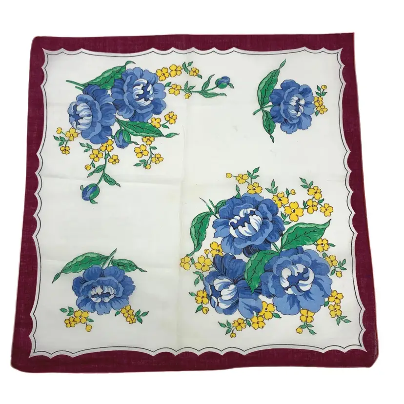 Statement Blue Floral Cotton Handkerchief Vintage Mid Century Cottage Core Granny