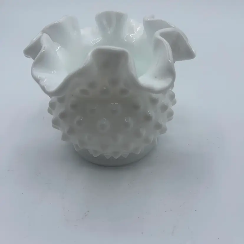 Fenton White Hobnail Milk Glass Double Crimp Vase 3" × 4"