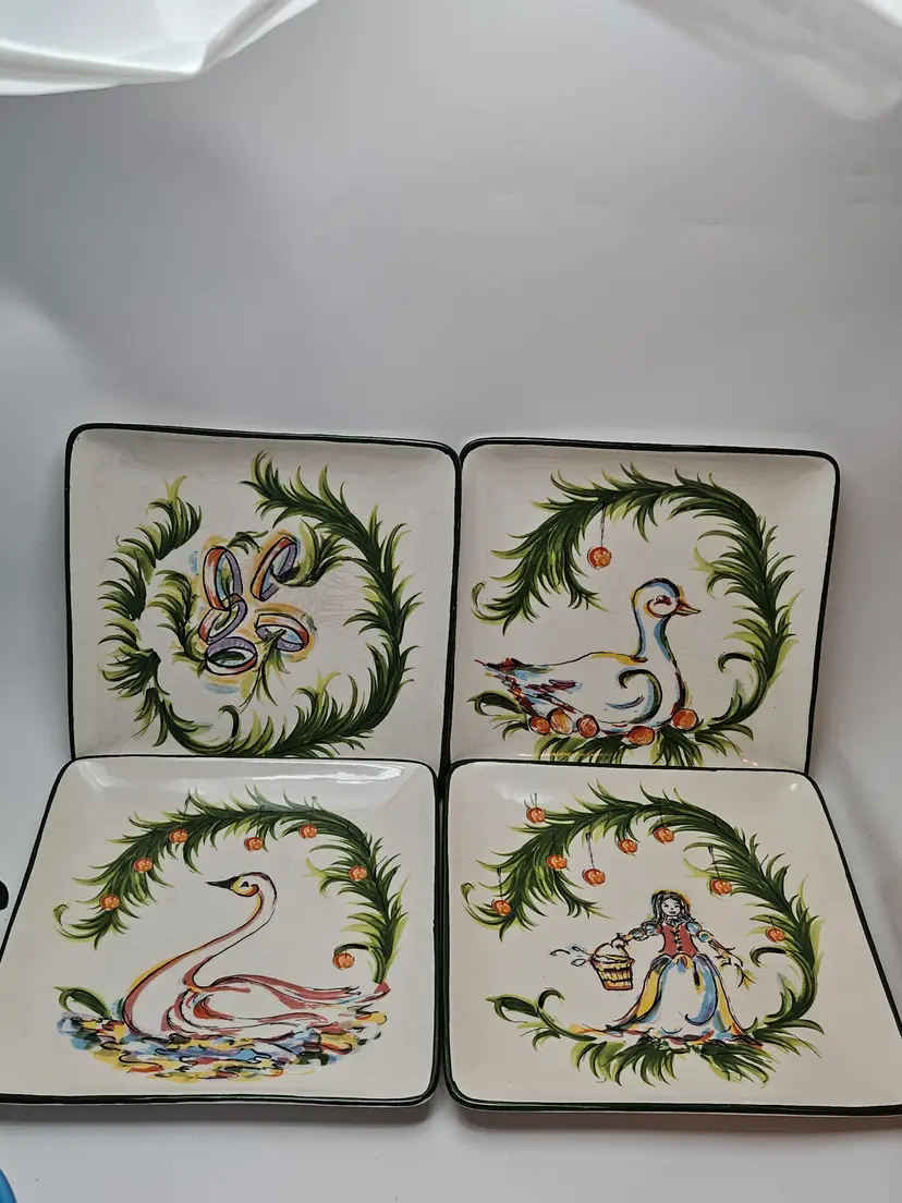 Gail Pittman Christmas Trimmings Square Salad Plates Qty 4 - 12 Days Of Xmas