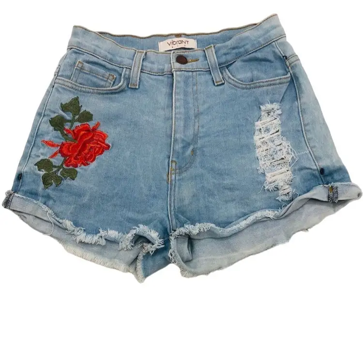 Vibrant M.i.U Womens High-Rise Embroidered Rose Denim Cut-Off Shorts Blue Size S