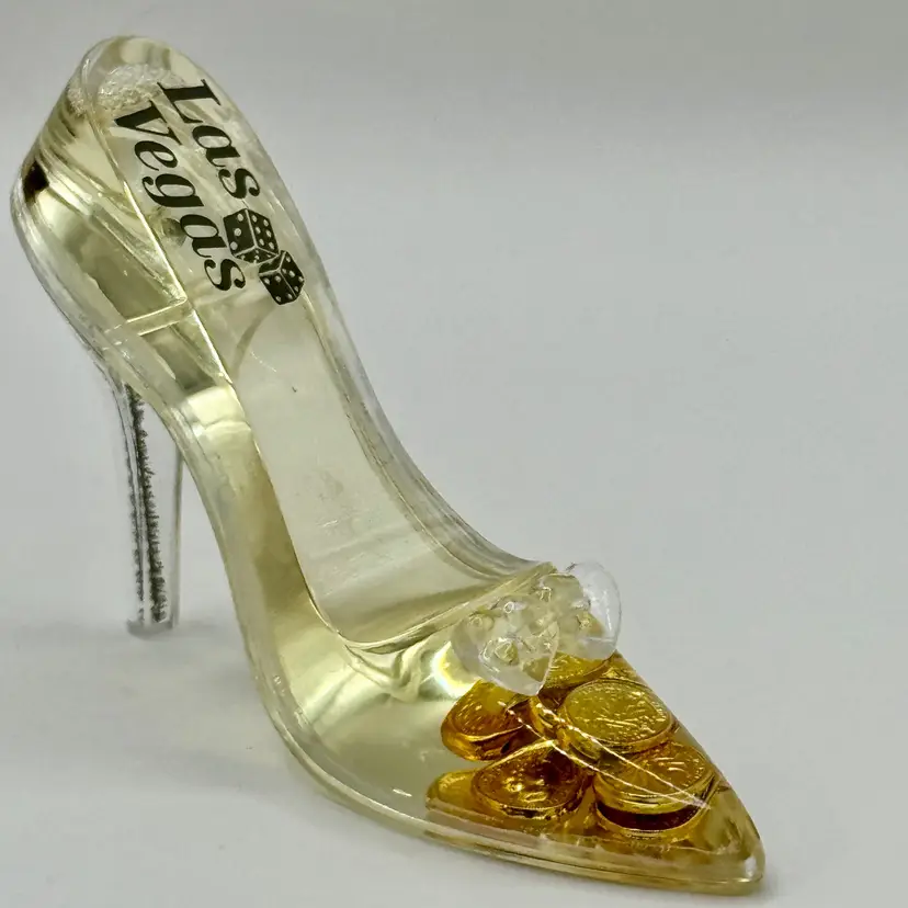 Vintage Las Vegas Novelty Lucite Pump Shoe Slipper with Gold Coins, Collectible Casino Souvenir, High Heel Figurine, Unbranded
