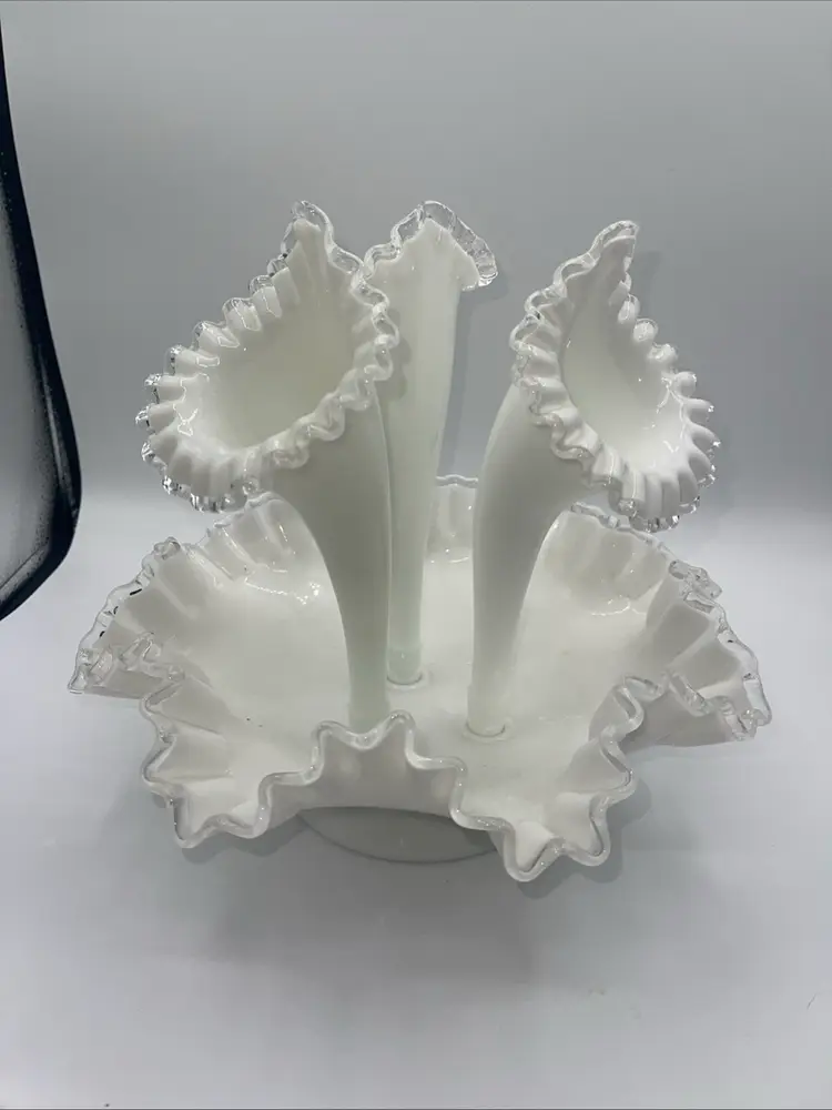 Fenton 3 Horn Epergne Milk Glass Silver Crest Vase 10.5” Vintage Milk Glass