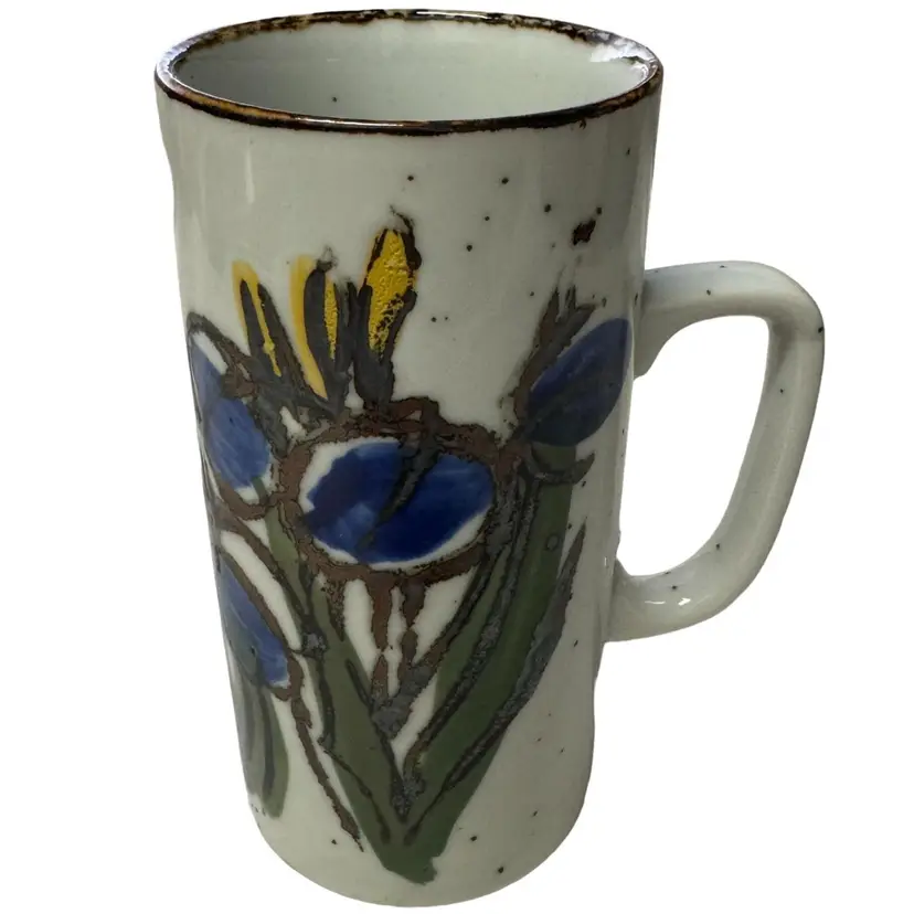 Vintage Otagiri 70s Speckled Stoneware Floral Latte Mug Brown Trim 5.5"