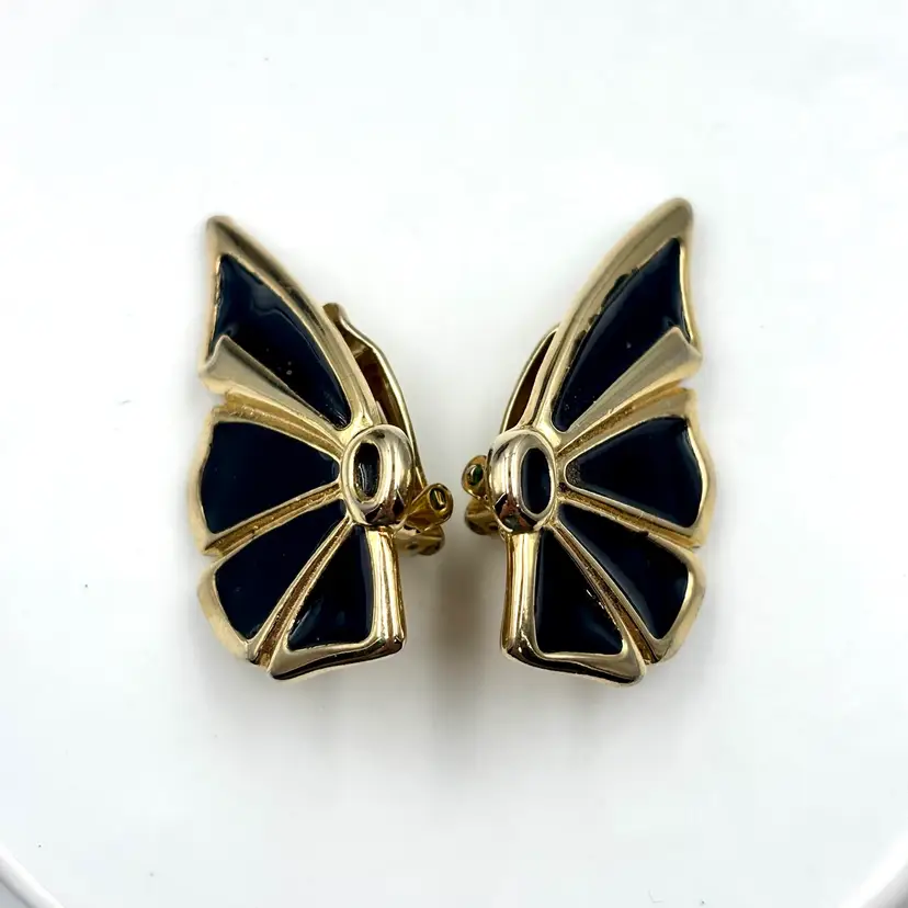Butterfly Wing Black & Gold Tone Clip-on Earrings 1.25”