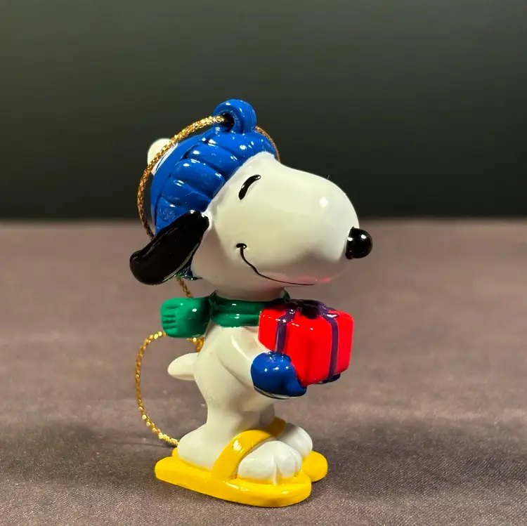 Snoopy with Snowshoes and Red Present PVC Ornament