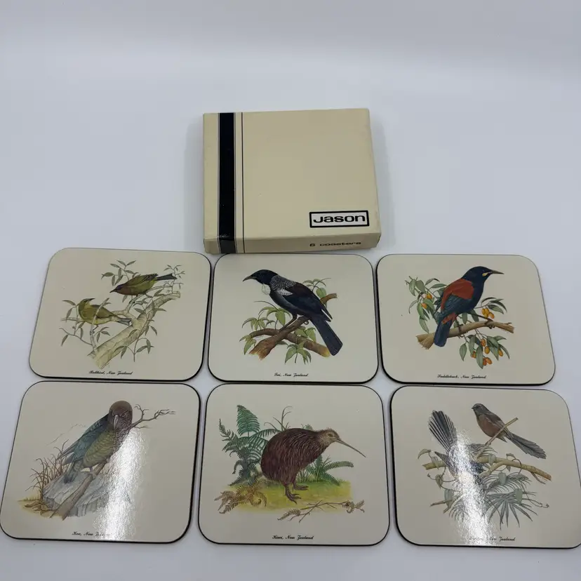 Jason Coasters New Zealand Birds Set of 6 Cork Back Fantail Pigeon Tui Kiwi