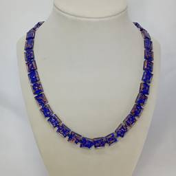 #N008 - Cobalt Blue Gold Foil Art Glass Necklace Square Beads 19.5” Vintage Jewelr