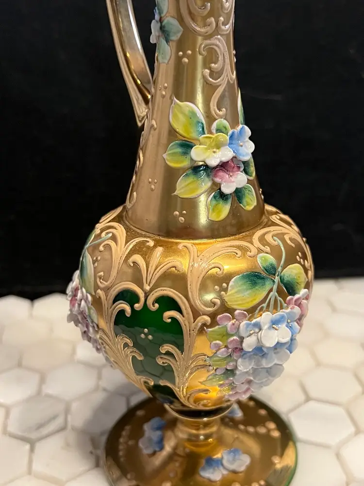 Vtg Bohemian Czech Hand Painted Enamel Glass Decanter Emerald Green Base Glass