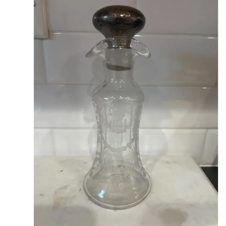 Hawkes  Oil/Vinegar Cruet W/Sterling Top Etched Flowers