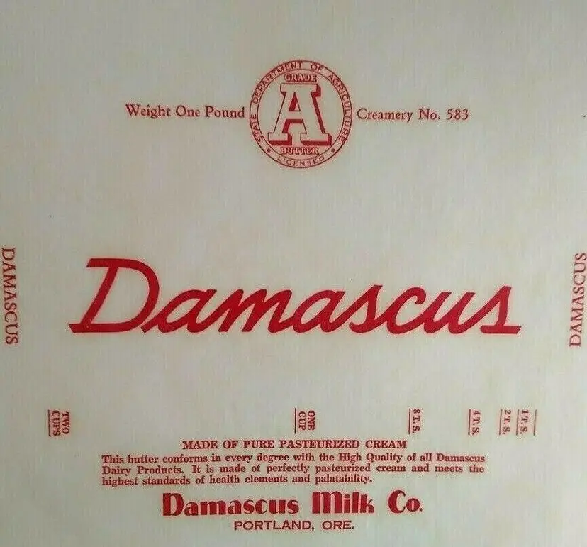 Butter Wrapper Damascus Portland Ore One Pound Label Original Circa 1940's NOS