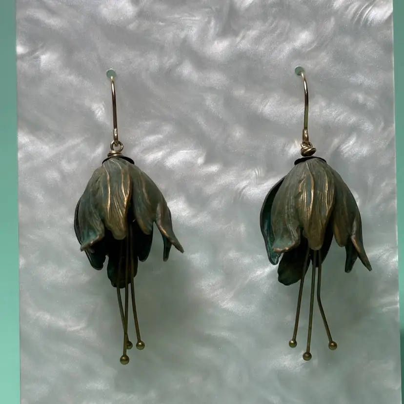 Green Patina Brass Tulip Bellflower Earrings Art Nouveau Gold Filled French Hook