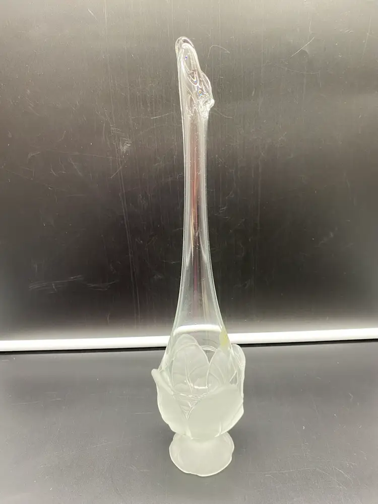 Vintage Viking Glass Clear Frosted Cabbage Leaf Swung Vase Hand Made 13.5"