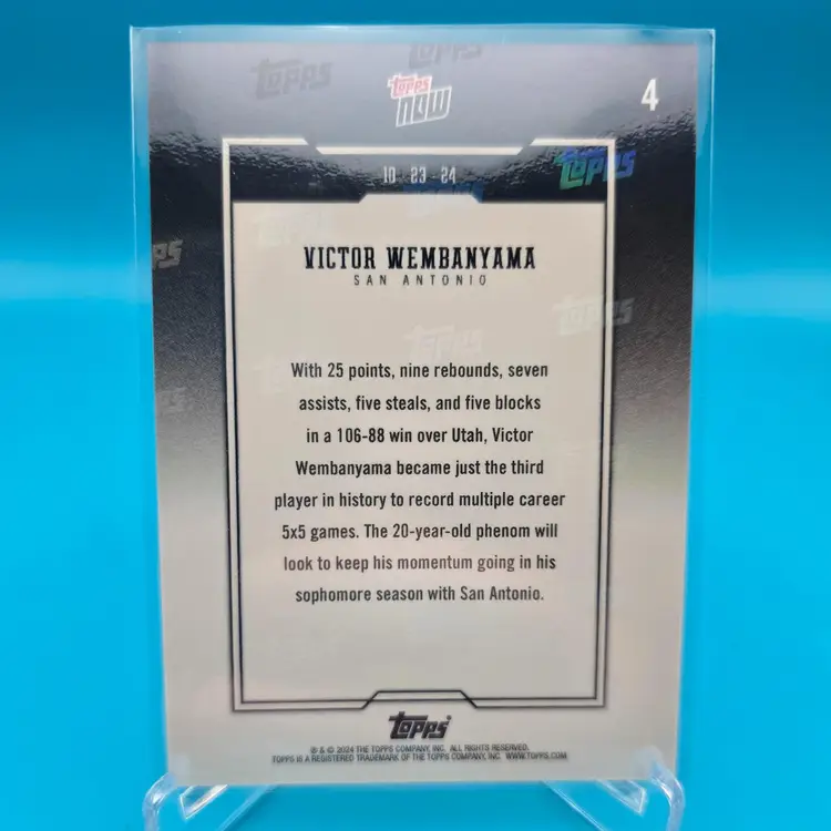 Victor Wembanyama 2024-2025 Topps Now 3rd Player Ever With Multiple 5x5 Games San Antonio Spurs