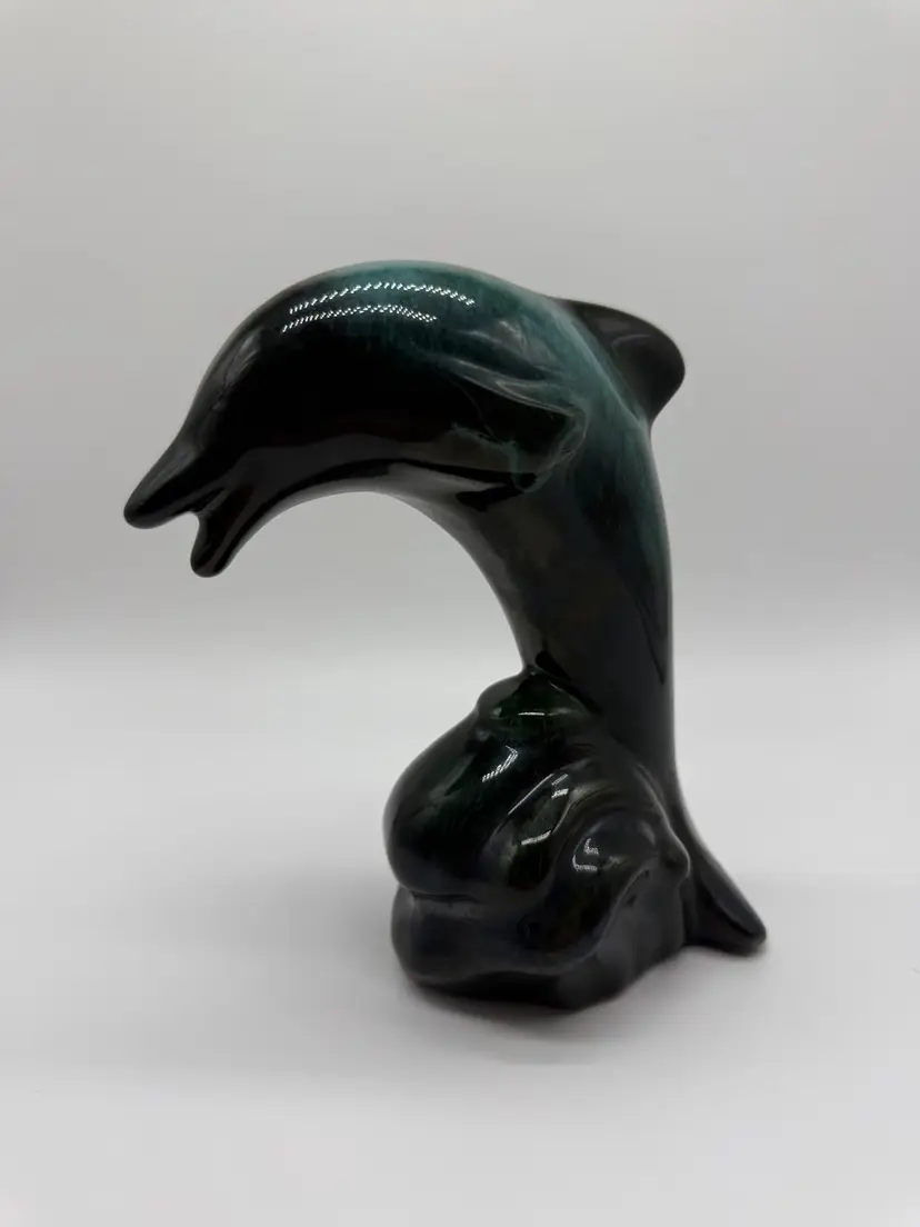 Blue Mountain Pottery Handcrafted Ceramic Dolphin Sculpture  Deep Teal Green