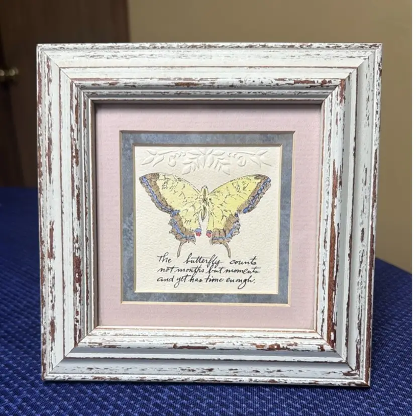Mpressions Framed Embossed Print Hand Painted Butterfly Distressed Frame 7" Sq