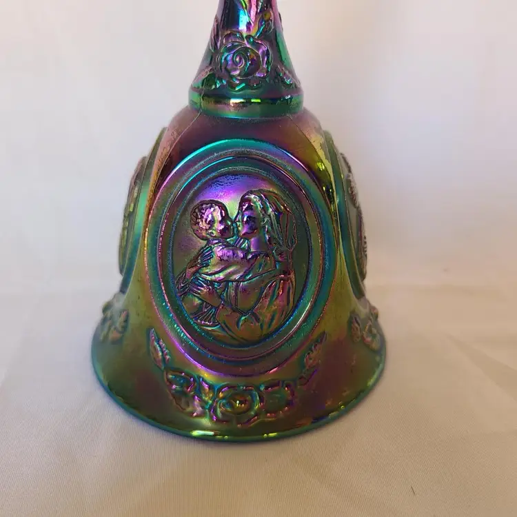 Fenton Amethyst Mother Child Mary Baby Jesus Madonna Carnvial Glass Floral Bell