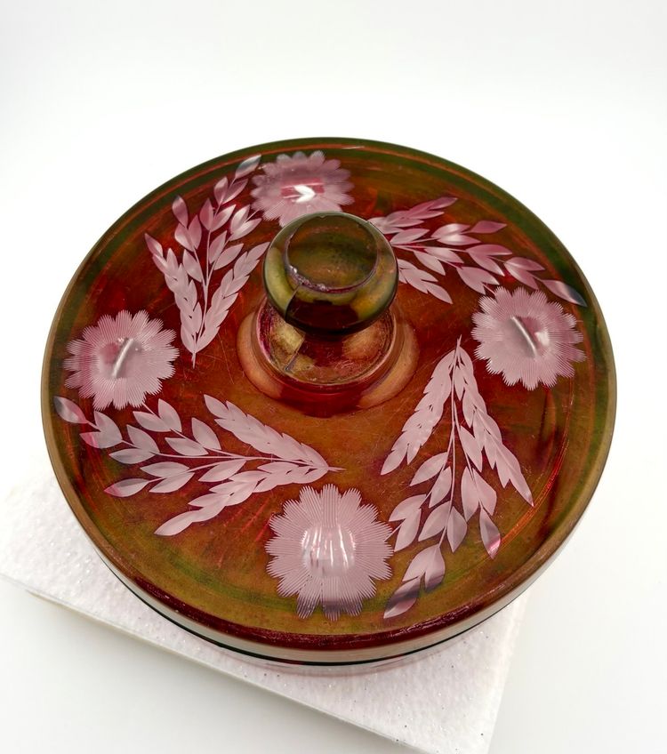 Vintage Red Ruby Cut Crystal Covered Relish Dish 5” Tall x 6” Wide